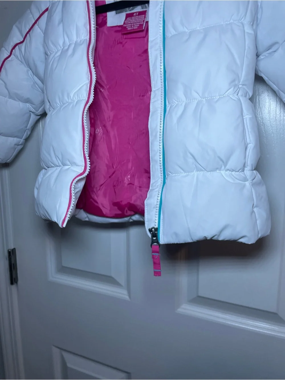 Snozu Girls 4T White Puffer Winter Coat Faux Fur Hood Pink Lined